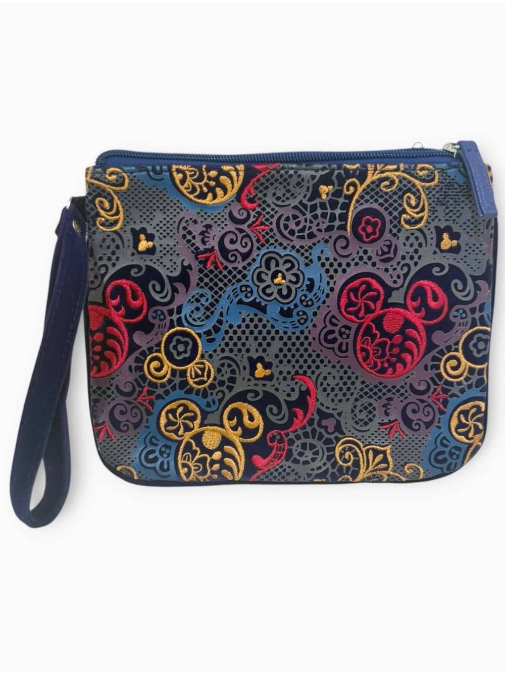 Disney Parks Velveteen Embroidered Floral Colorful Mickey Mouse Cosmetics Bag